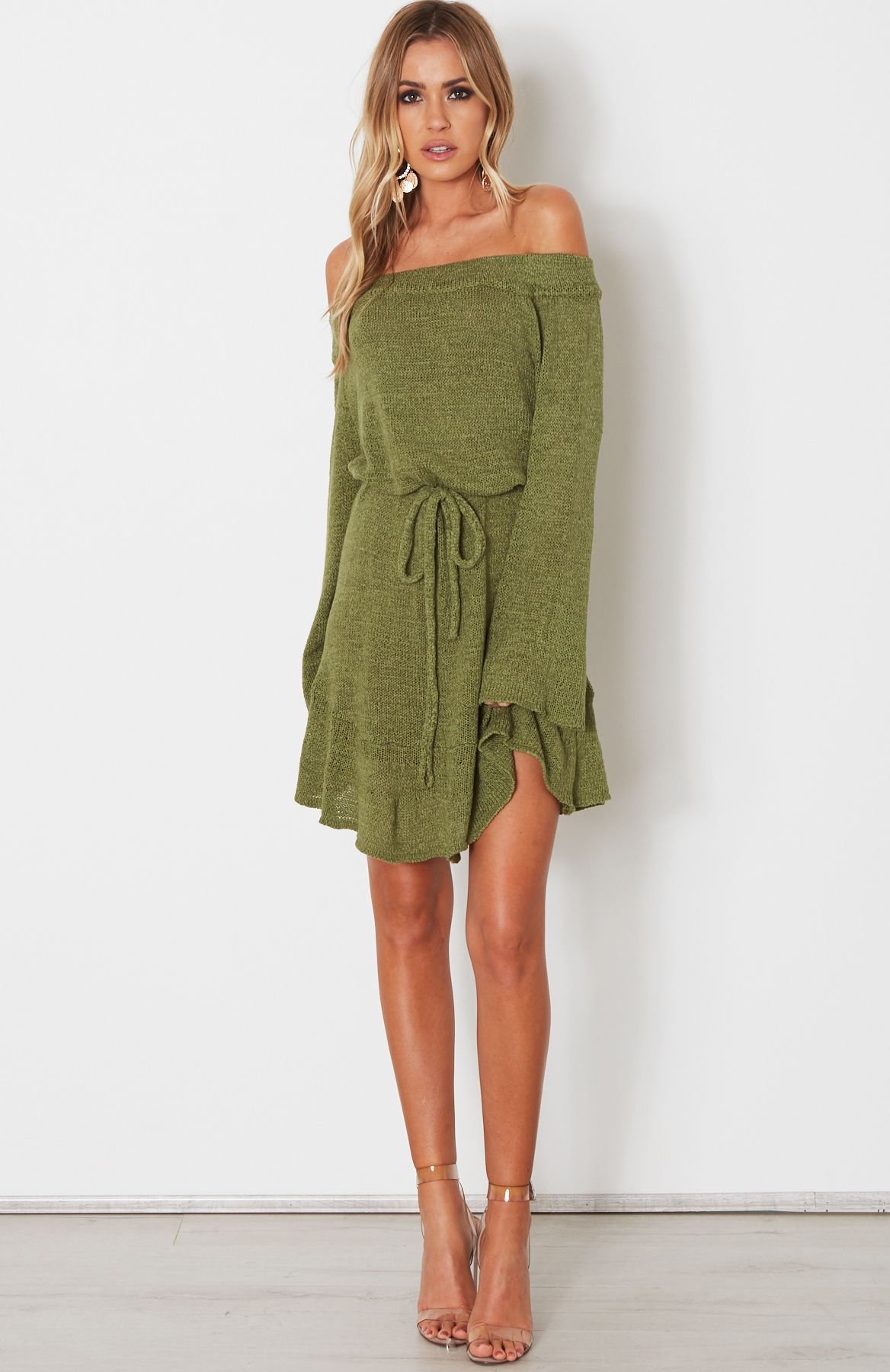 Off-Shoulder Lace-Up Sweater Dress For Women