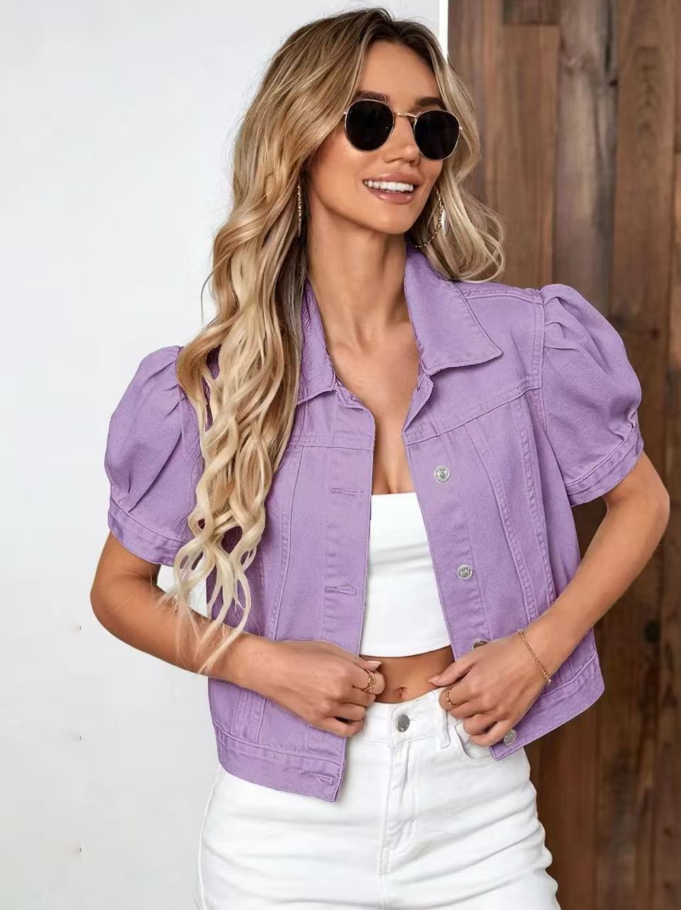 Womens Retro Denim Puff-Sleeve Jacket