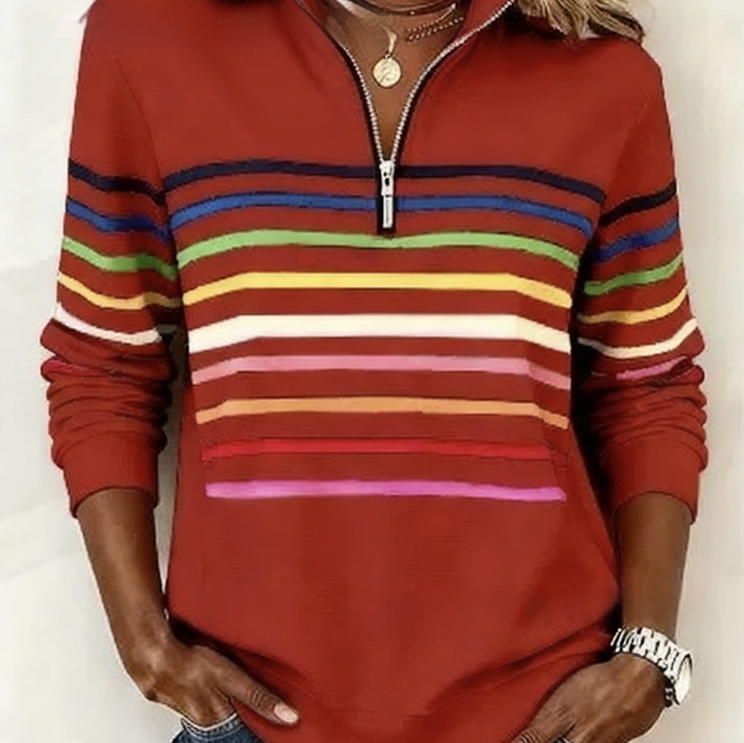 Womens Fashionable Casual Christmas Stand-Up Collar Zip-Up Sweatshirt With A Print Pattern