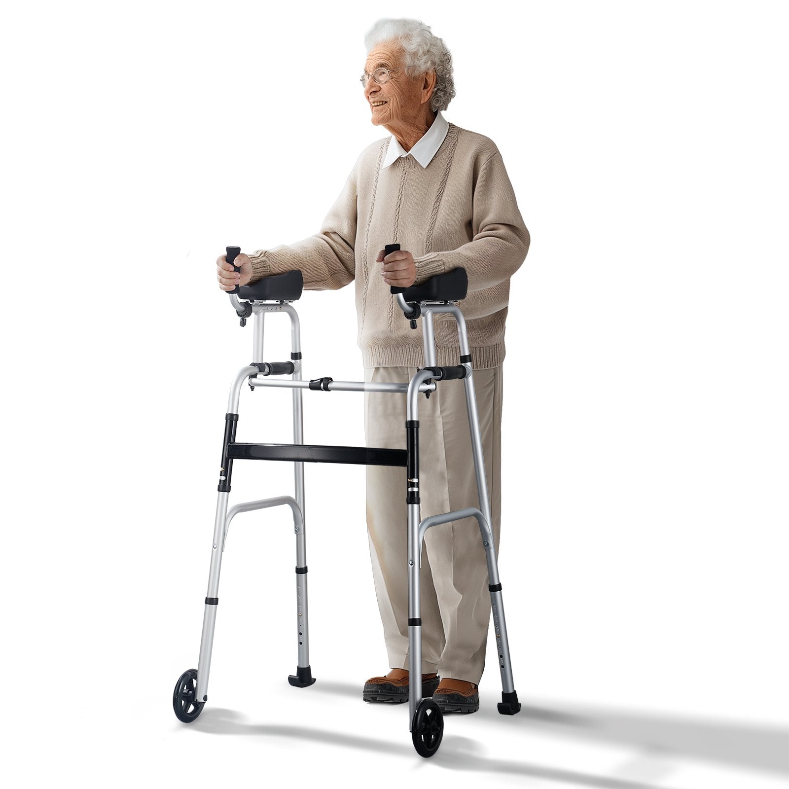 2-in-1 Foldable Walker with Removable Armrests, Height Adjustable
