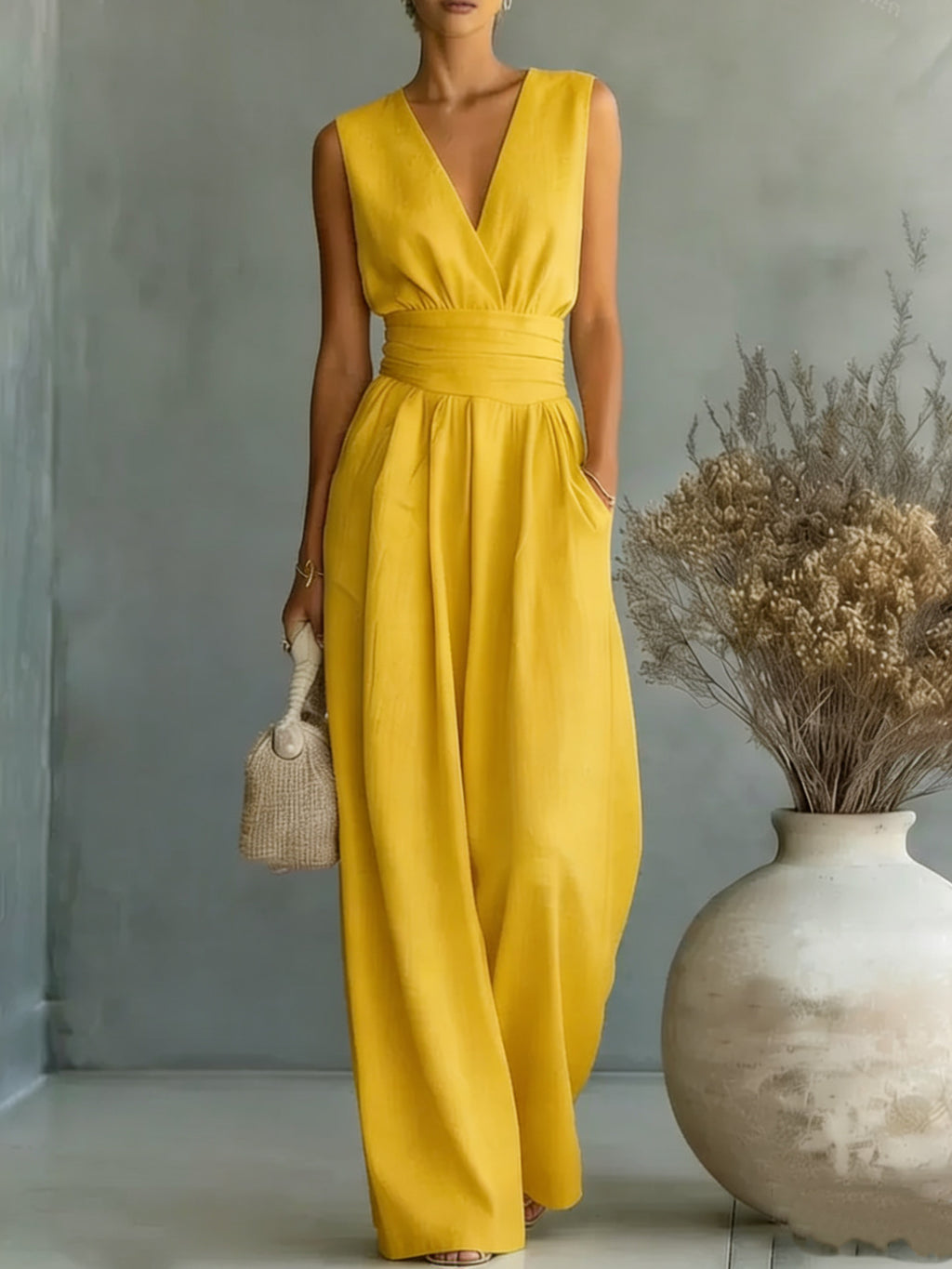 Womens Elegant Sleeveless Waist-Cinching V-Neck Sophisticated Jumpsuit