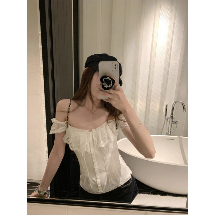 Lace-collar Waist-cinching, Figure-flattering Short-sleeve Top