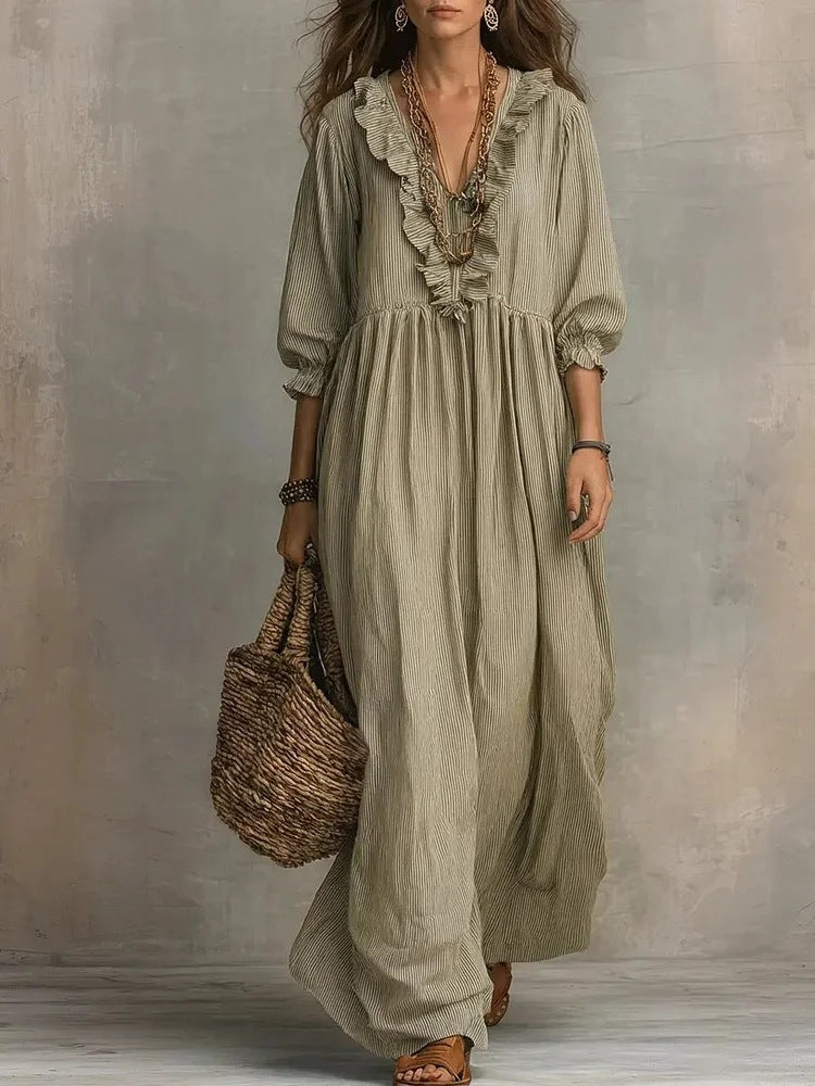 Womens Striped Ruffle-Trimmed Loose High-Waist V-Neck Dress