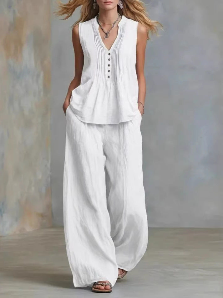 Fashionable Casual Solid-color V-neck Pleated Loose-fit Sleeveless Two-piece Set With Long Pants