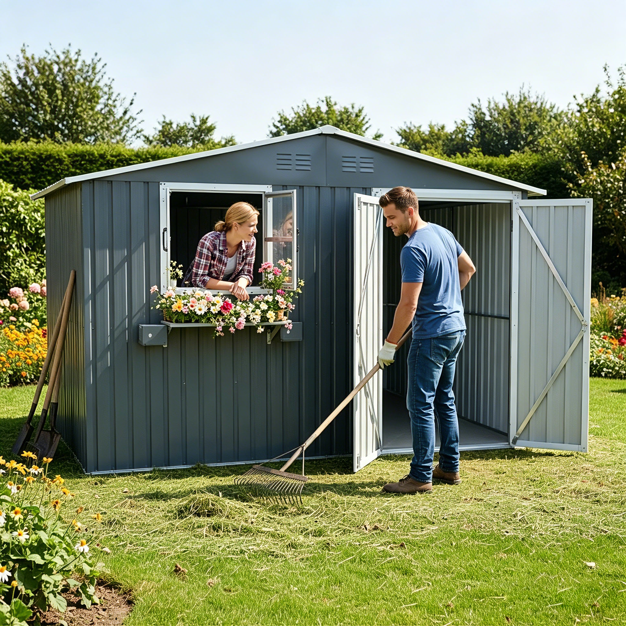 10x8 FT Outdoor Metal Storage Shed With Window & Flower Rack, Lockable Double Doors Tool Shed, Waterproof Weatherproof Garden Shed For Patio,Coal Gray