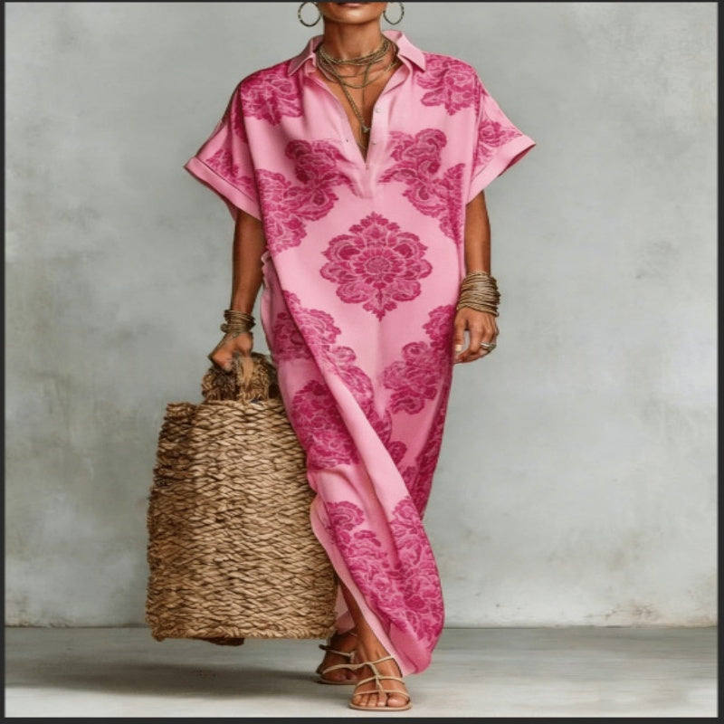 Womens Four-Way Stretch Printed Long Skirt With A Collar