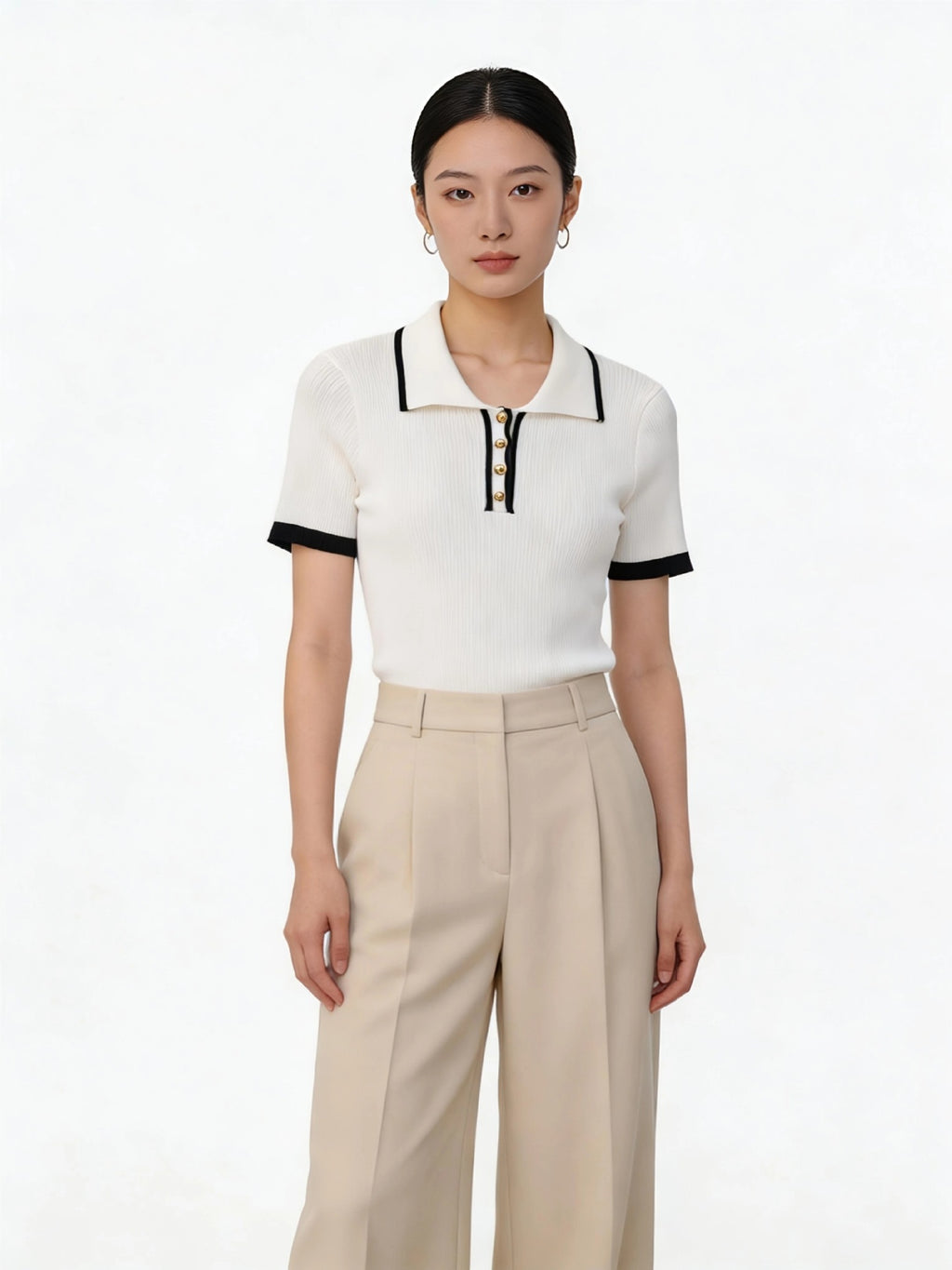 High-End Short-Sleeve Contrasting Color Lapel Knit Top