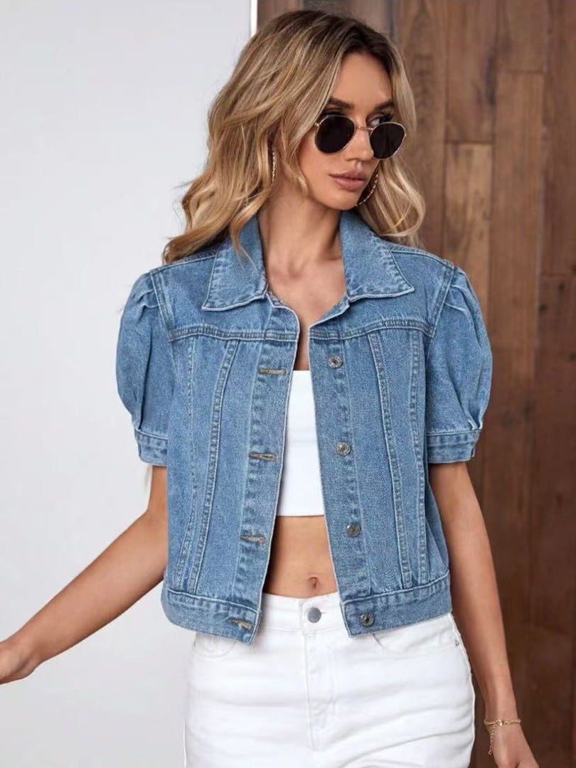 Womens Retro Denim Puff-Sleeve Jacket