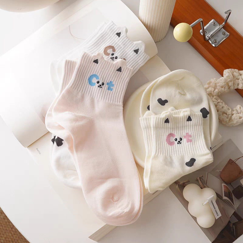 Coquette Heart Print Ankle Socks, Ruffle Cuff Pastel Knit Socks, Women's Cute Casual Socks For Everyday & Sneakers