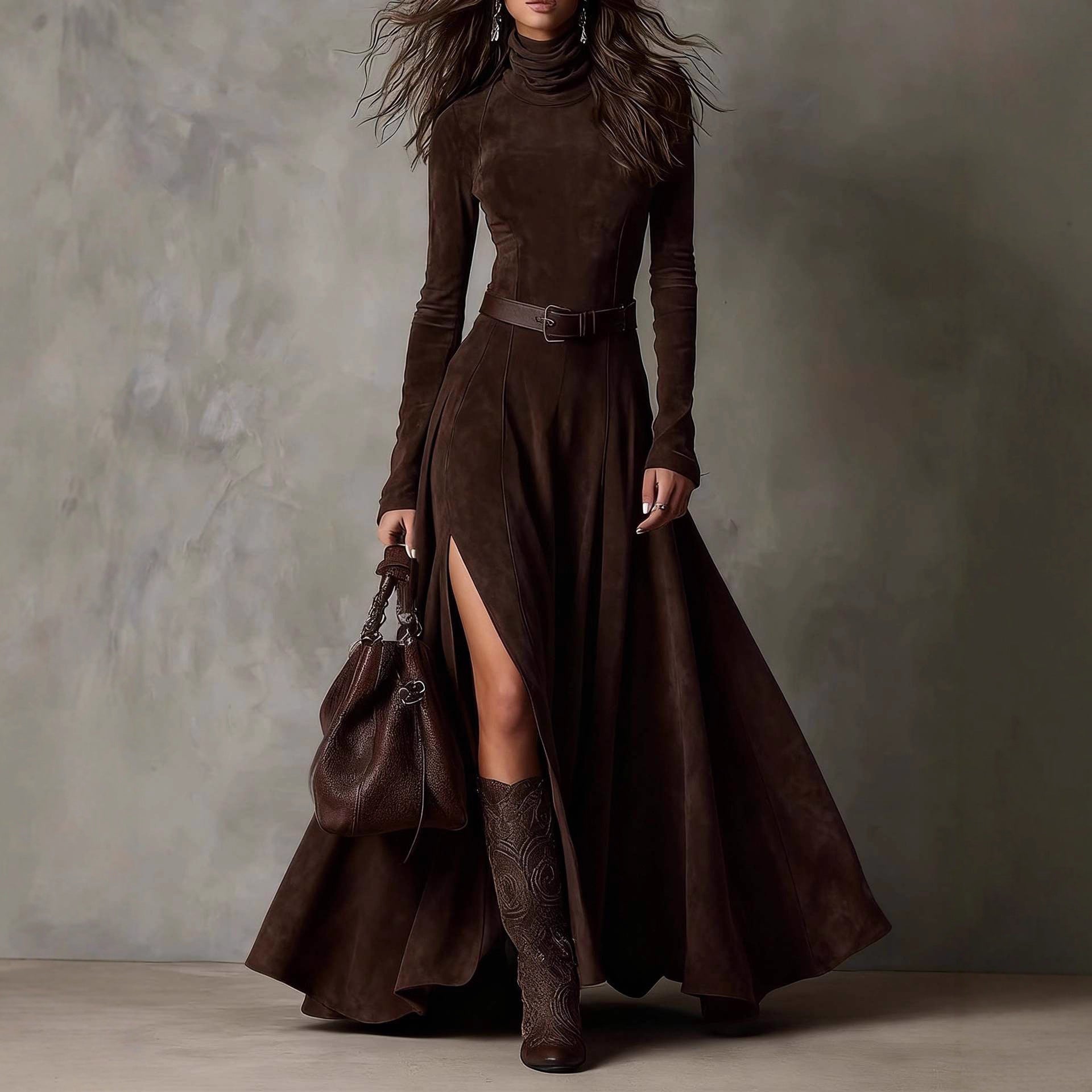 Long Stylish Dress With A BeltEuropean And American Fashion