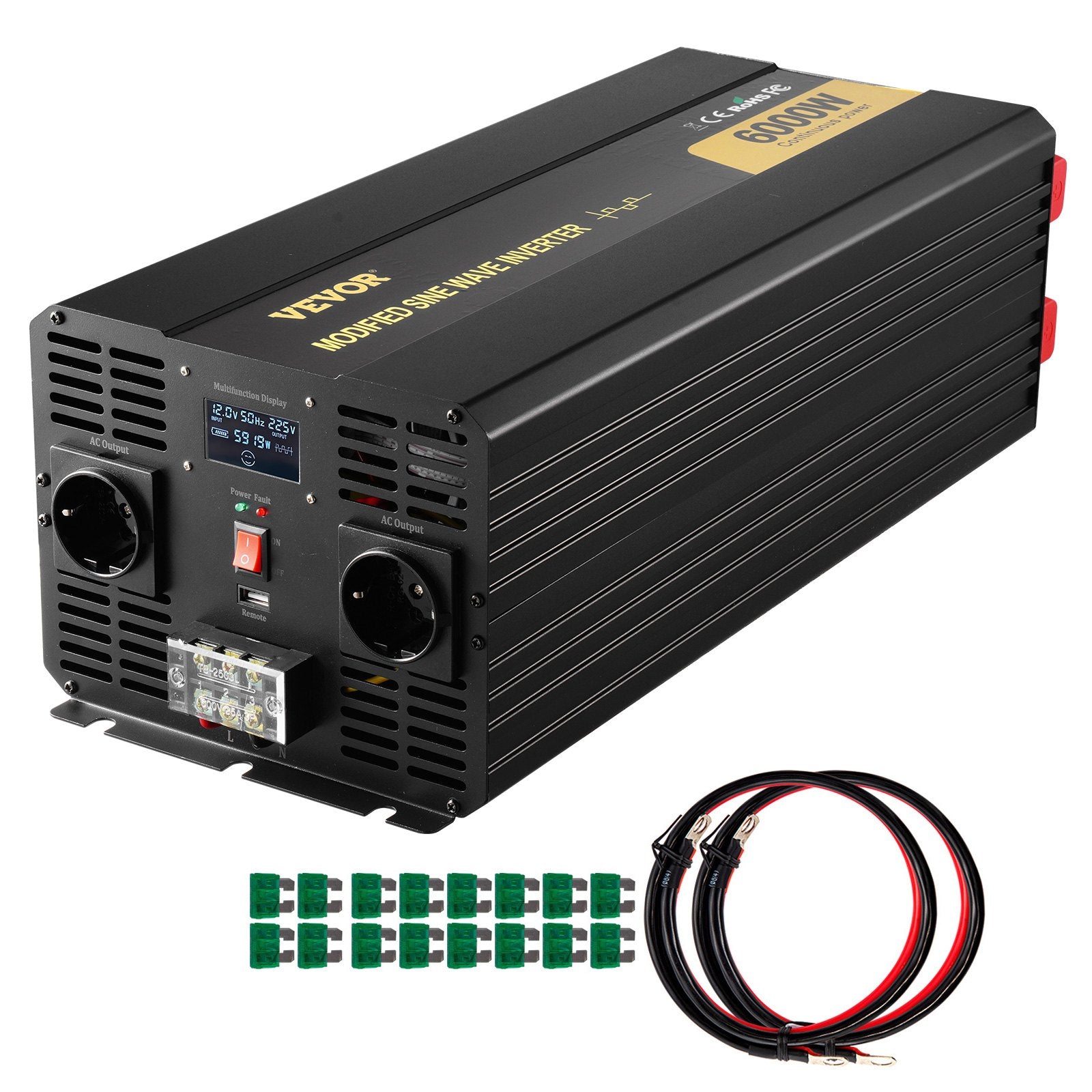 6000W Modified Sine Wave Power Inverter, DC 12V to AC 230V Car Converter with LCD Display and Remote Control