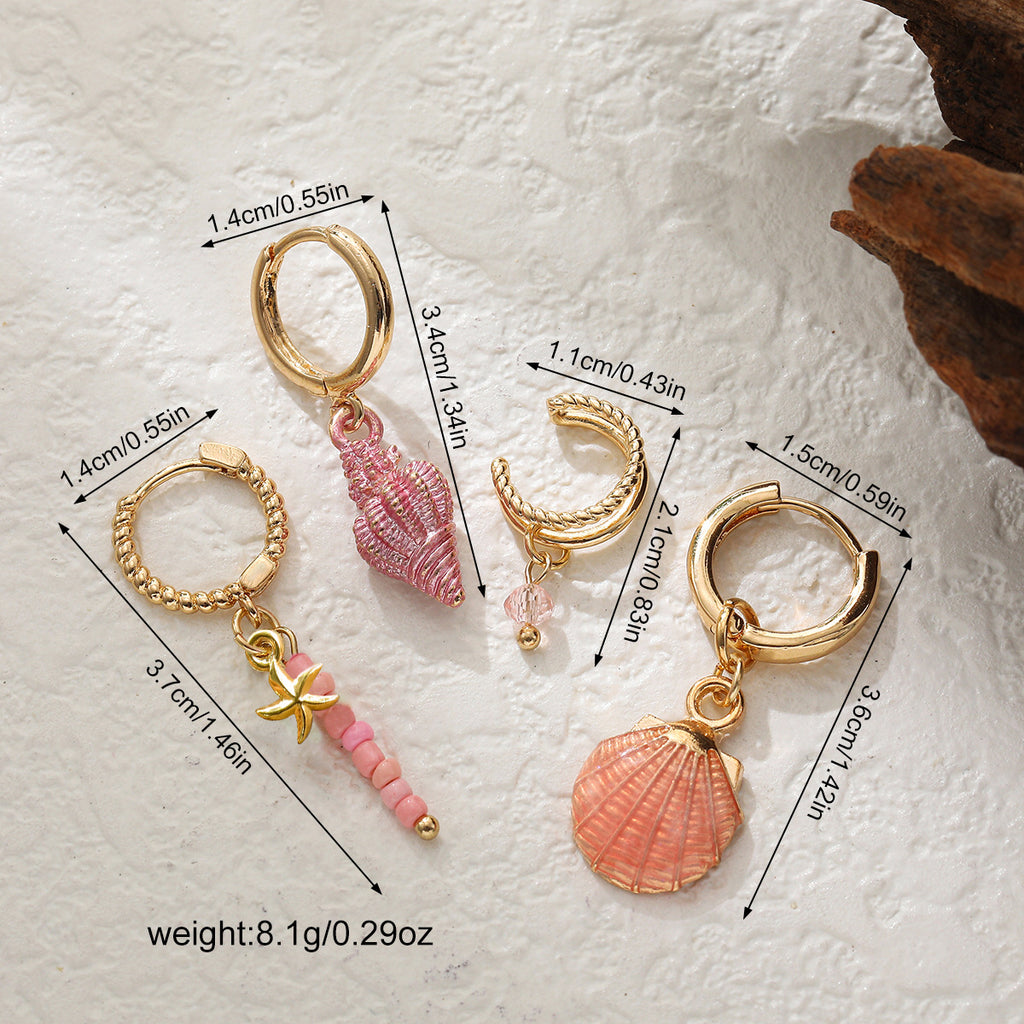 Colorful Shell Conch Drop Earrings Ear Cuff Beaded Earrings Bohemian Ocean Style 4Pcs Jewelry Set