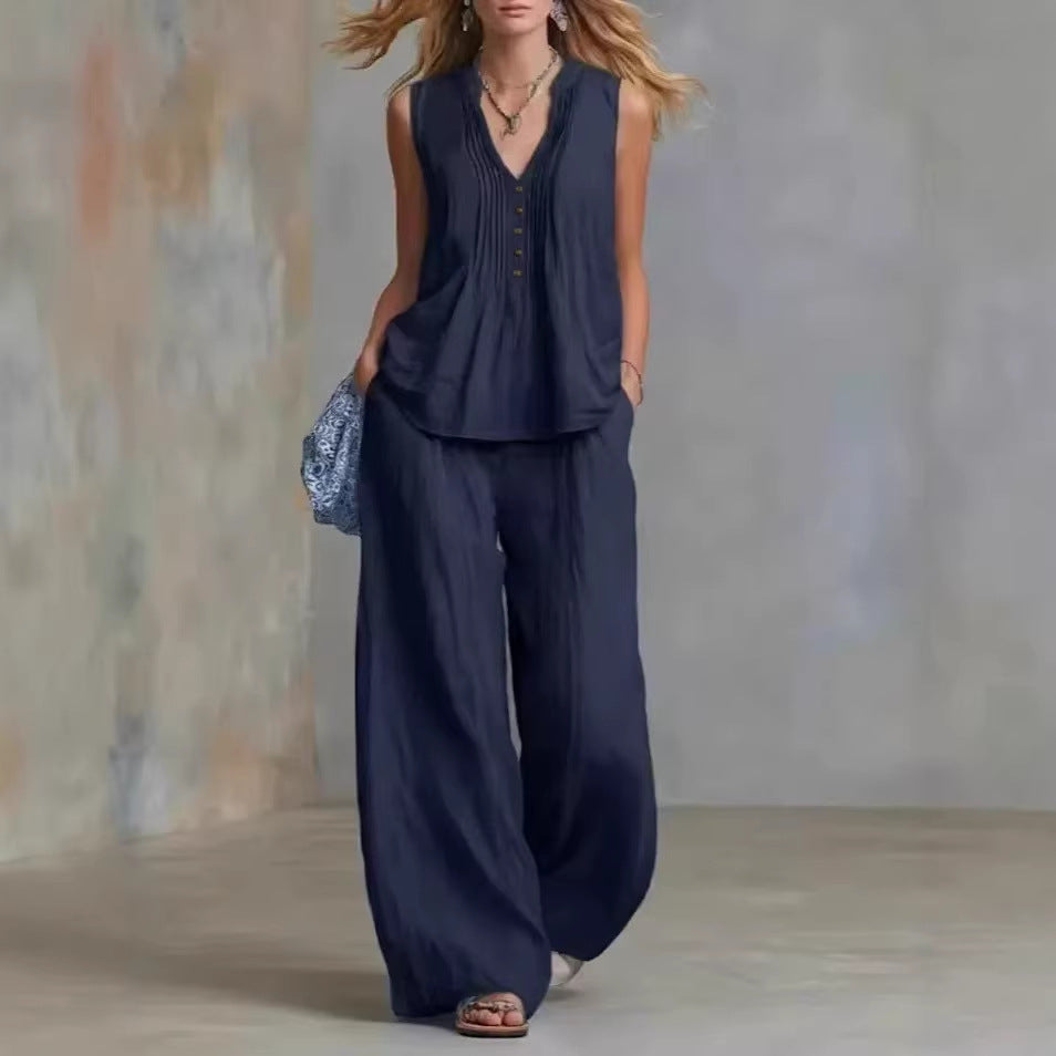 Fashionable Casual Solid-color V-neck Pleated Loose-fit Sleeveless Two-piece Set With Long Pants