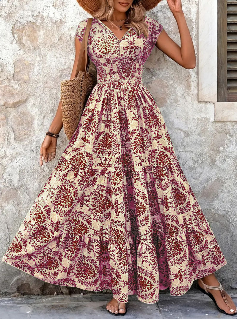 Vintage-print Dress Fashionable And Elegant V-neck Womens Wear