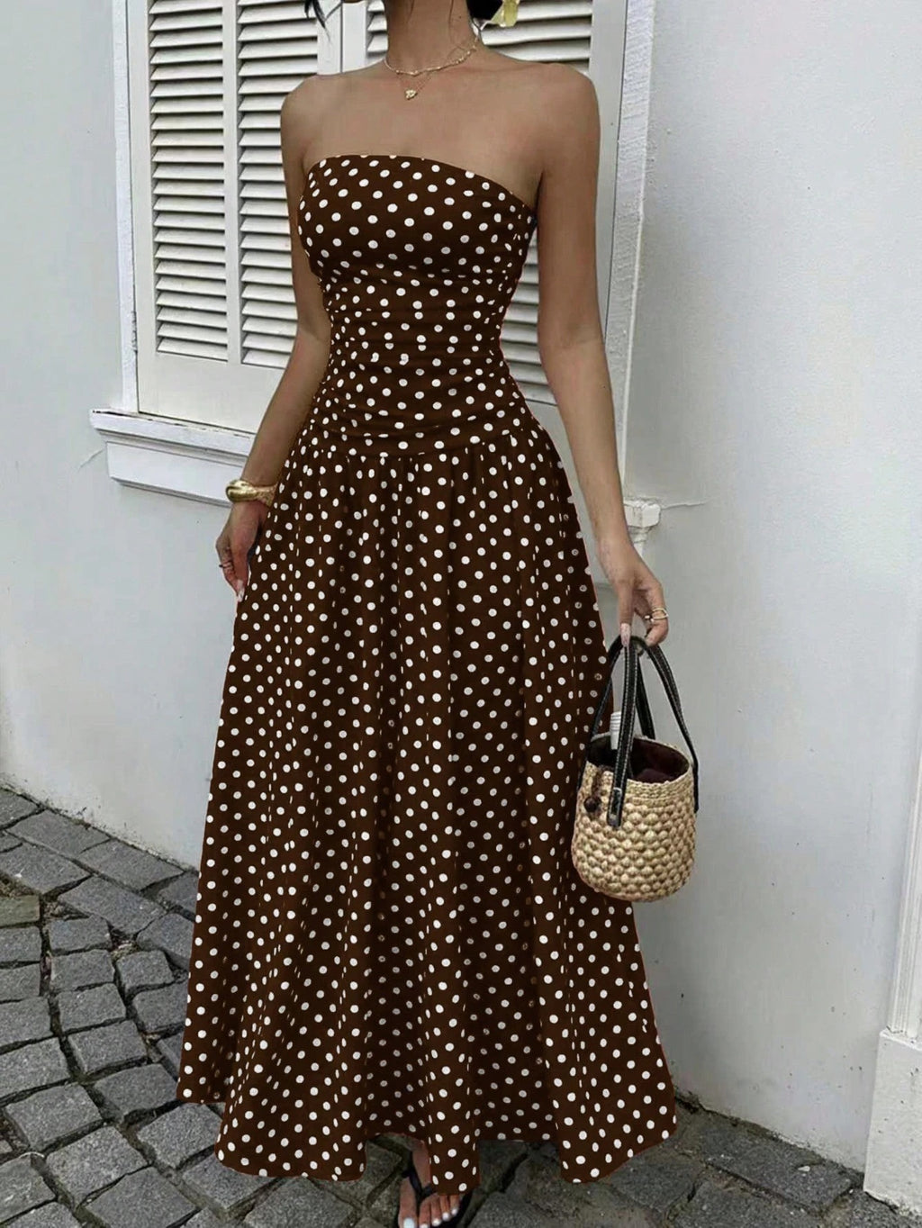 Off-the-shoulder Polka-dot A-line Waist-cinched Figure-flattering Dress