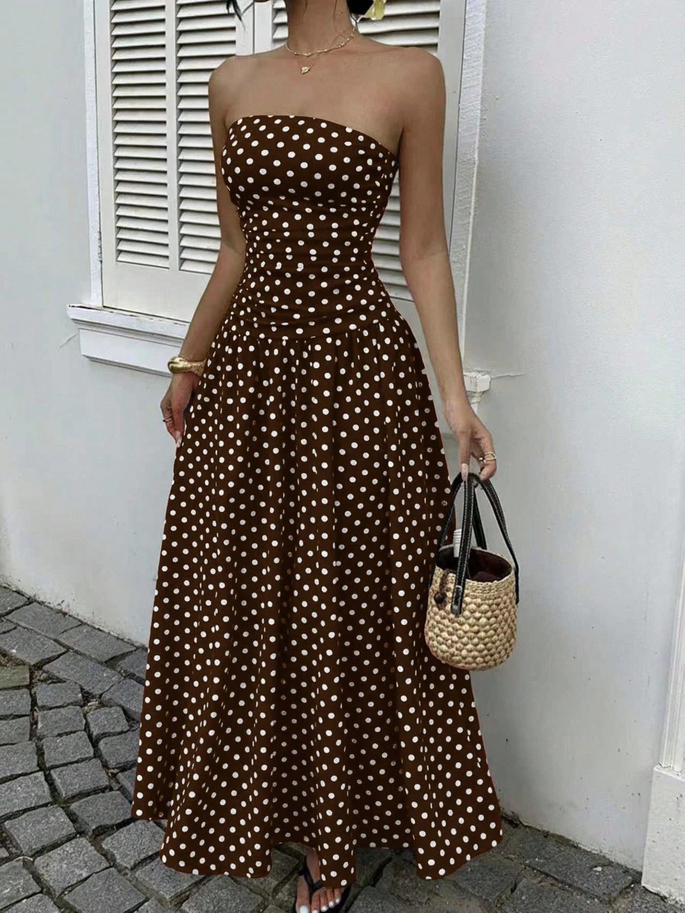 Off-the-shoulder Polka-dot A-line Waist-cinched Figure-flattering Dress