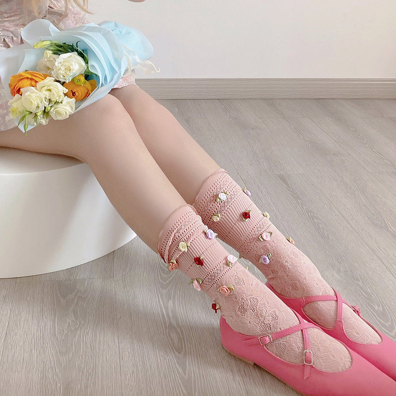 Rose Cute Sweet Colorful Flowers Girl Breathable Middle Tube Stacked Socks