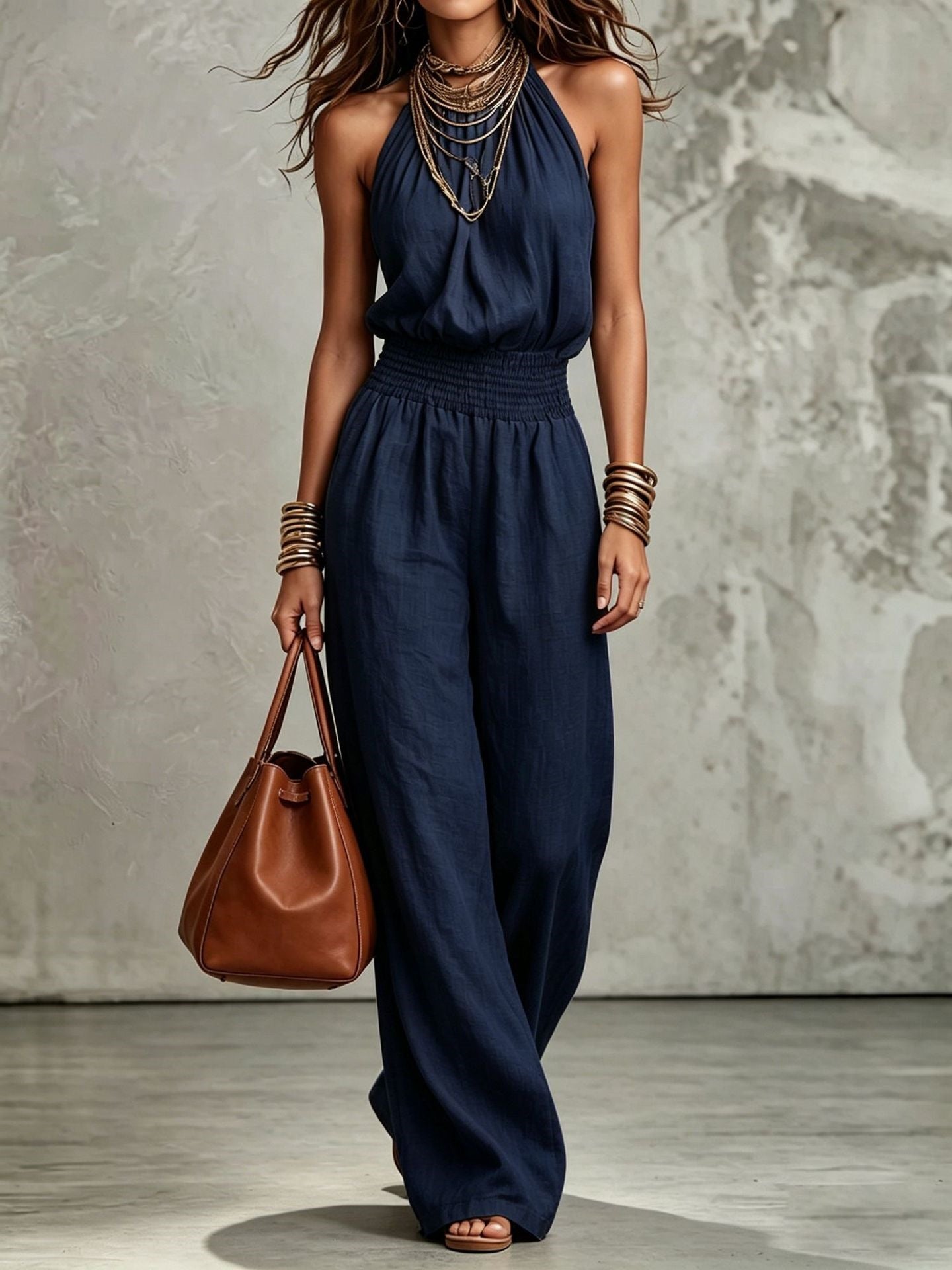 Womens Sleeveless Backless Cinched Waist Lace-up Halter Wide-leg Jumpsuit