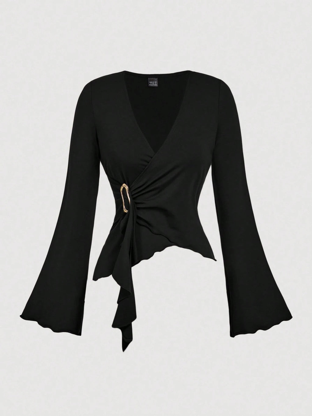 Womens Autumn New Solid-Color V-Neck Asymmetrical Long-Sleeve T-Shirt