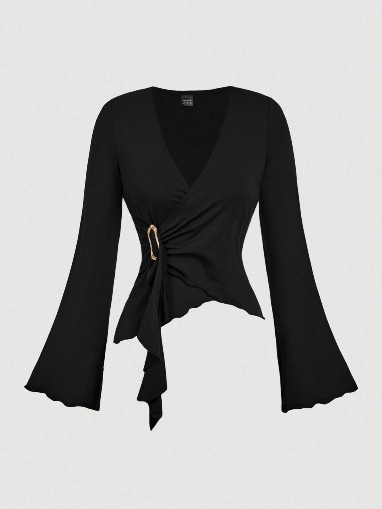 Womens Autumn New Solid-Color V-Neck Asymmetrical Long-Sleeve T-Shirt