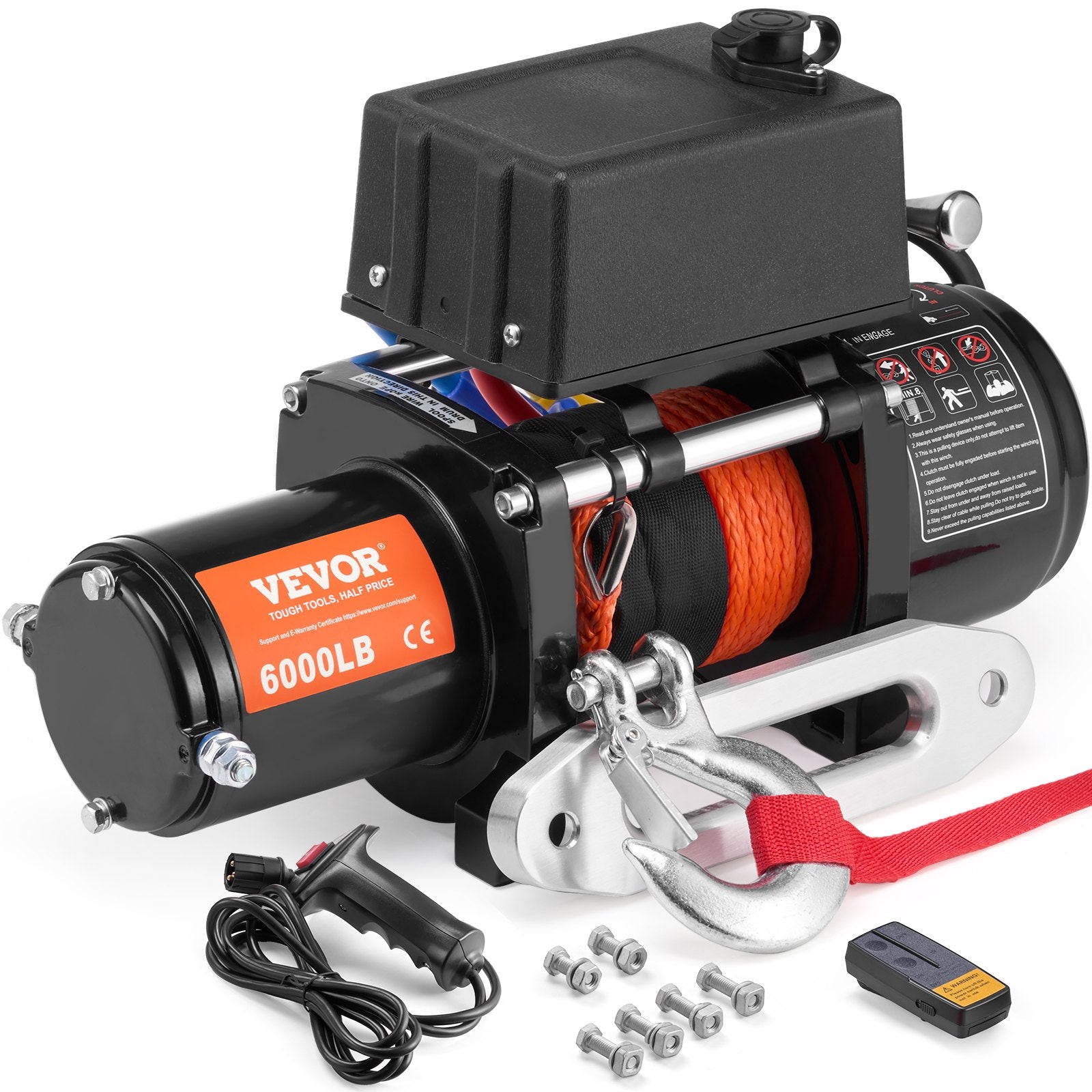 Electric Winch 6000 Lb Capacity 12V DC For Trucks With 1/4 Inch X 55 Ft Synthetic Rope Aluminum Hawse Fairlead