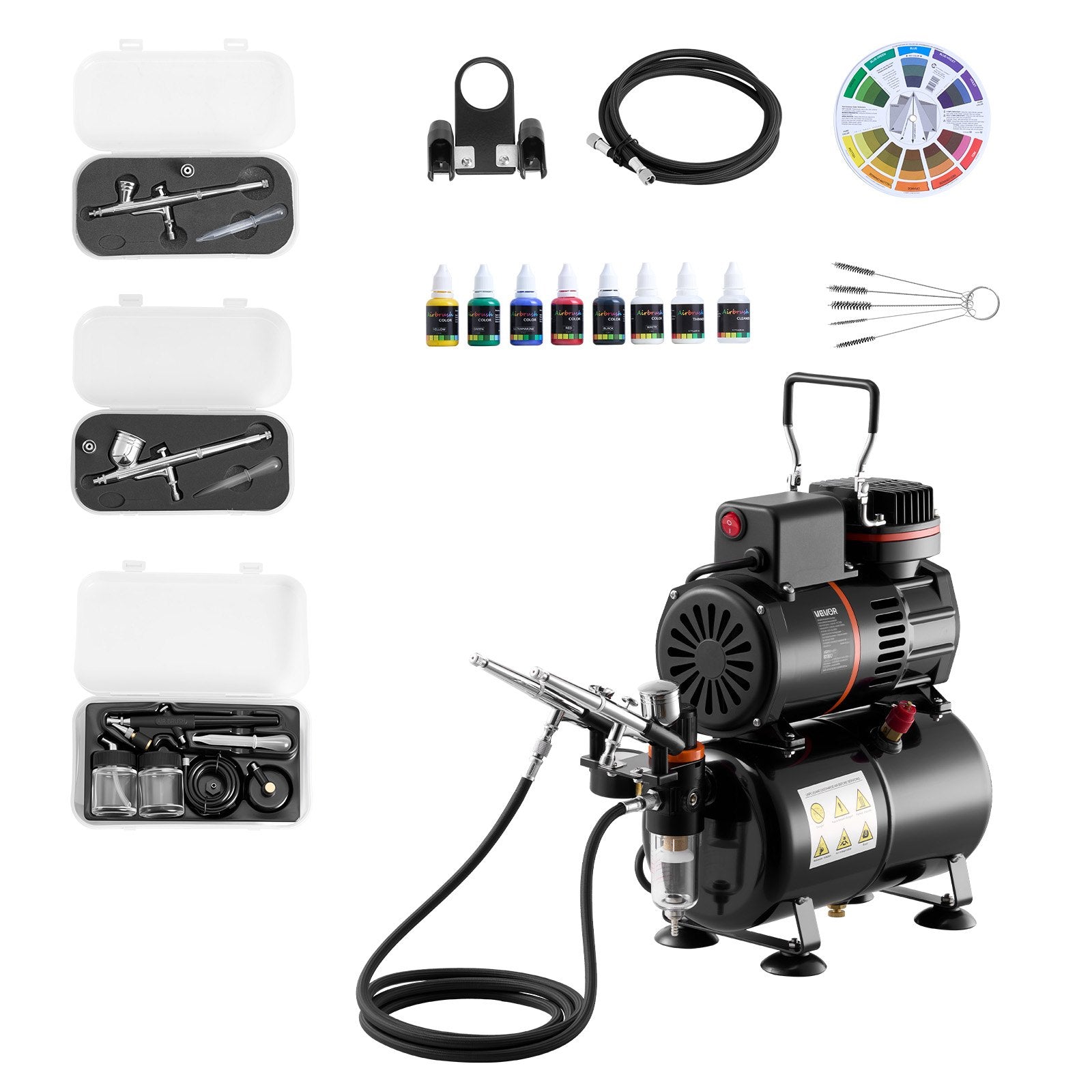 Airbrush Set 1/6 PS Mit Kompressor & Tank, Dual-Action 3 Airbrush-Pistolen Mit 3 Düsen (0,3/0,3/0,5 Mm) & Schlauch & Acrylfarbe & 2 Ventilatoren, Für Kuchendekoration Modellmalerei Nagelkunst