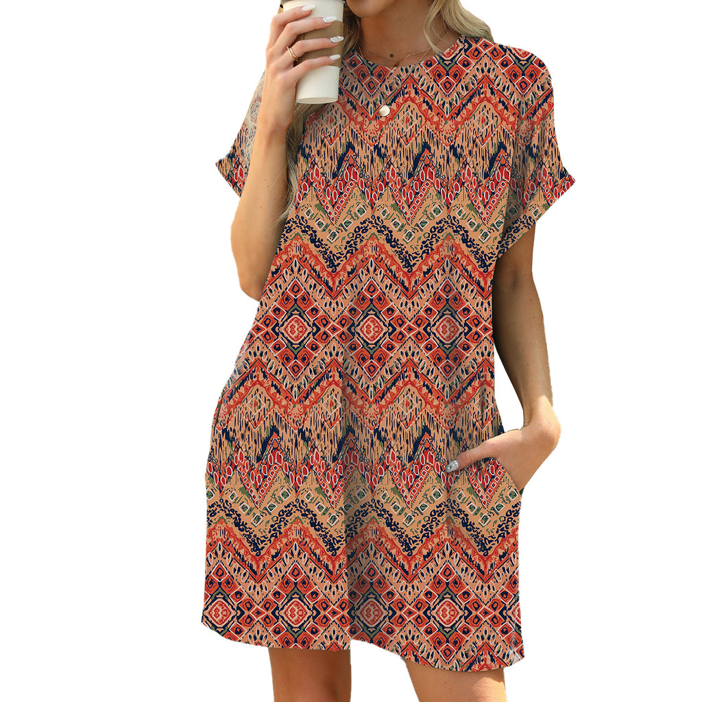 Loose Round-Neck Short-Sleeve Printed Pocket Dress