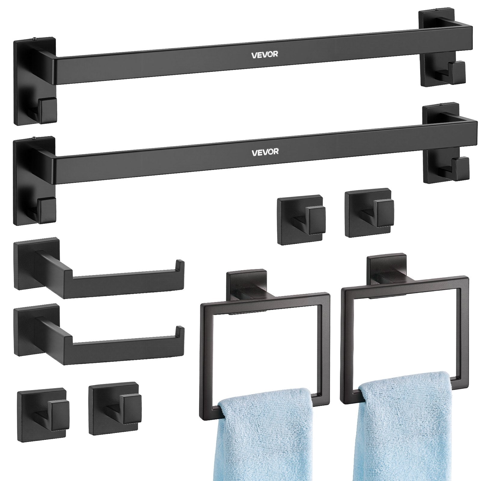 Badezimmer Hardware Zubehör Set (10-tlg.) Inkl. 2 Handtuchstangen & 2 Handtuchhalter (quadratischer Ring) & 2 4 Haken & 2 Toilettenpapierhalter, Für Badezimmer, Wandmontage Mattschwarz