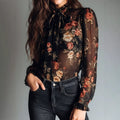 Women's Sheer Floral Print Collar Shirt