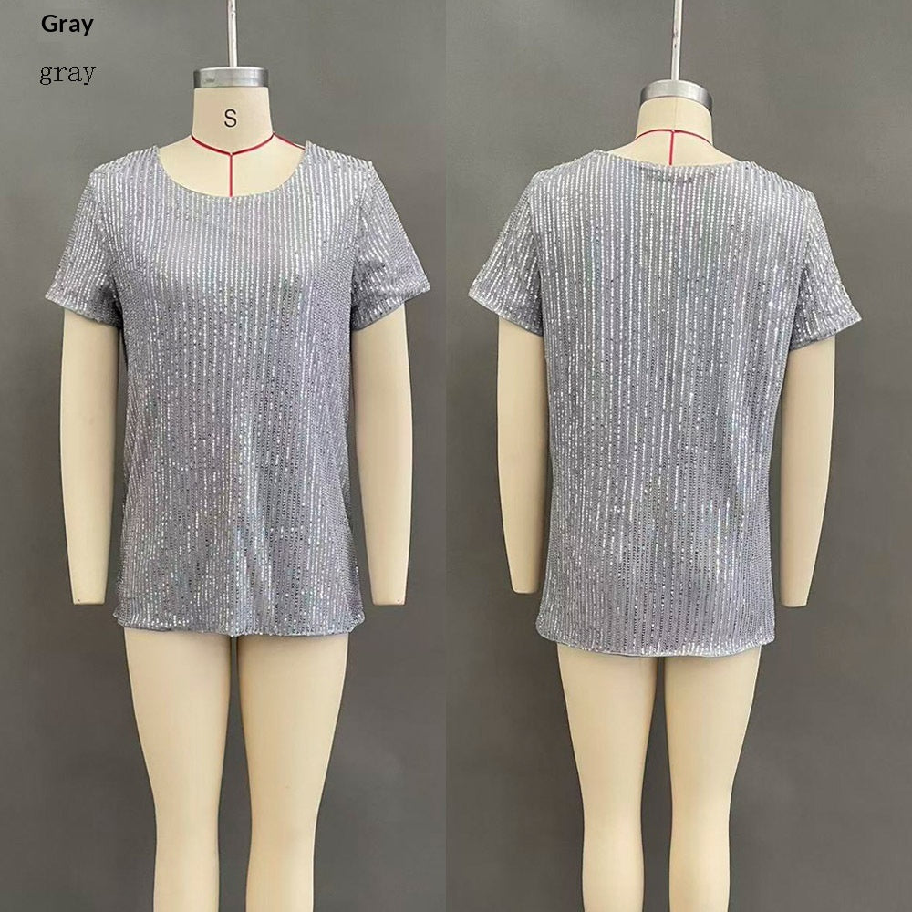 Women's Commuter Sequin Loose Crew Neck Short-Sleeve Top