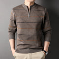 Zippered Mock-neck Knit Sweater With Striped Long Sleeves