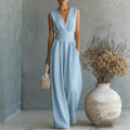 Womens Elegant Sleeveless Waist-Cinching V-Neck Sophisticated Jumpsuit