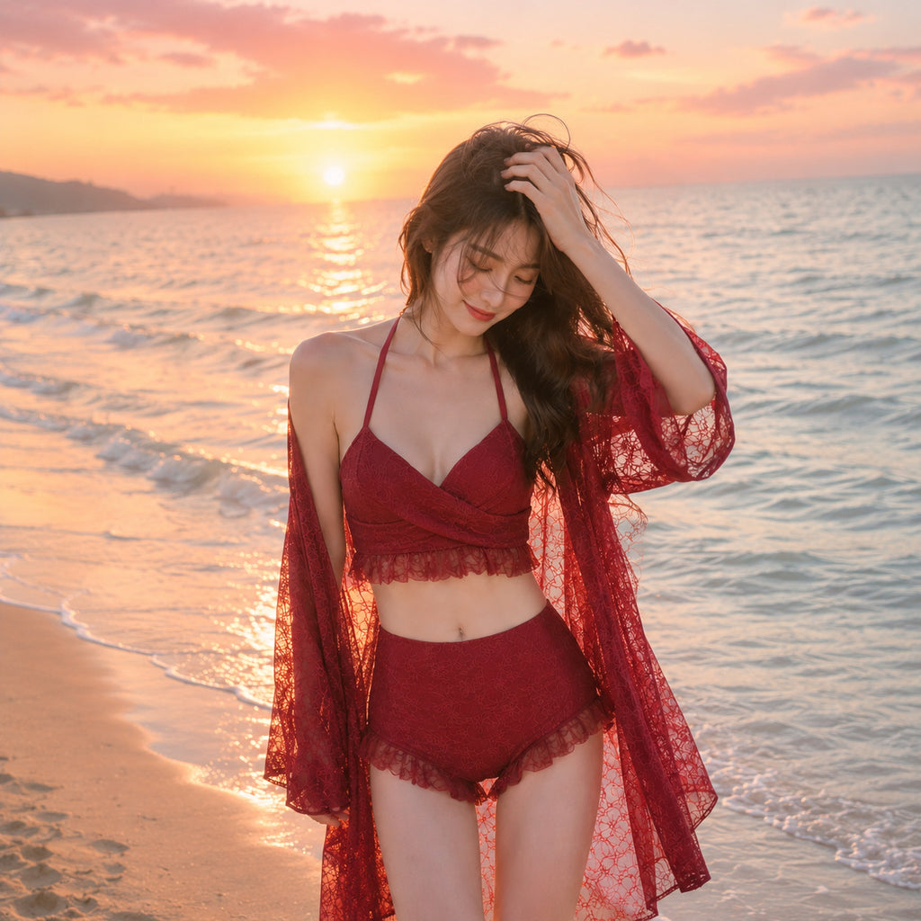 Womens Solid Color Casual Lace Three-piece Swimsuit