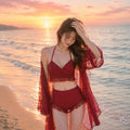 Womens Solid Color Casual Lace Three-piece Swimsuit