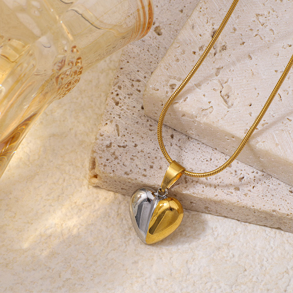 Stainless Steel Double-color Heart-shaped Pendant Necklace