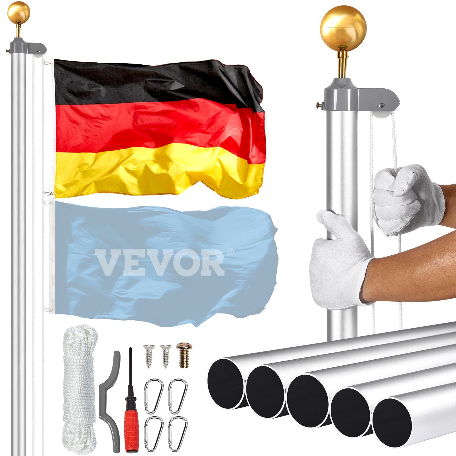 Removable Flagpole Kit, 7.6M Heavy-Duty Aluminum Alloy In-Ground Flagpole Kit for Outdoor Use