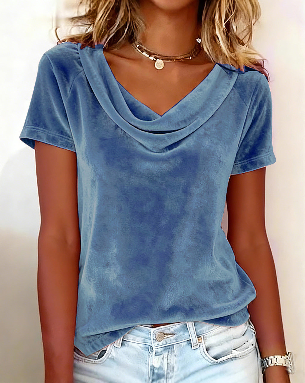 Solid-color Casual Cowl-neck Sexy Velvet Short-sleeve