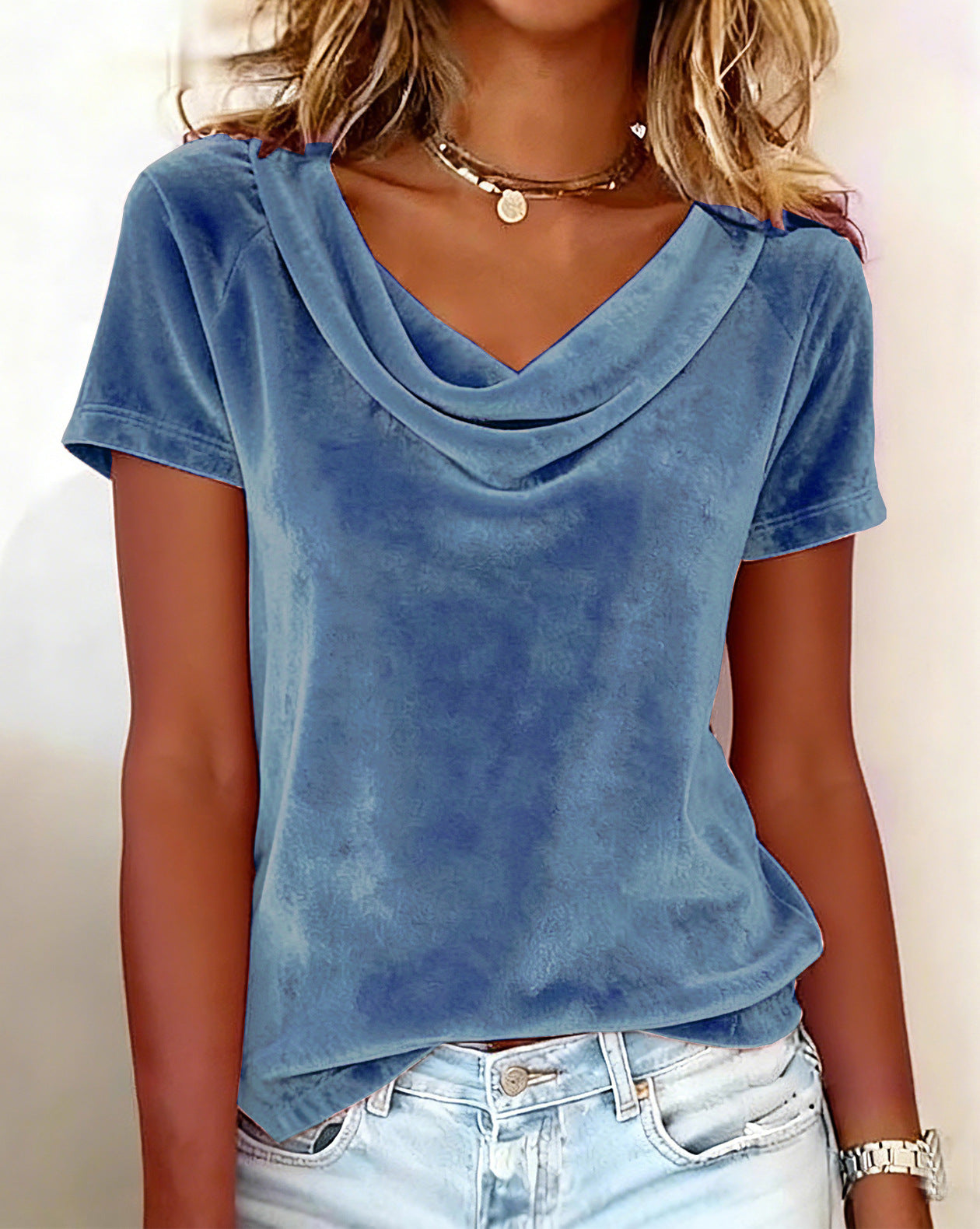 Solid-color Casual Cowl-neck Sexy Velvet Short-sleeve