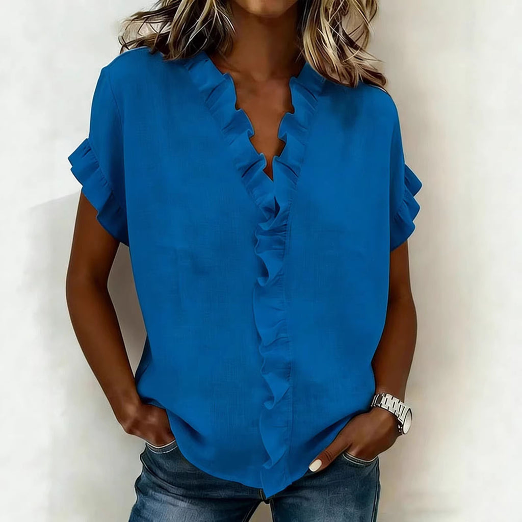 Women's V-neck Ruffled-edge Fashionable Solid-color Short-sleeve