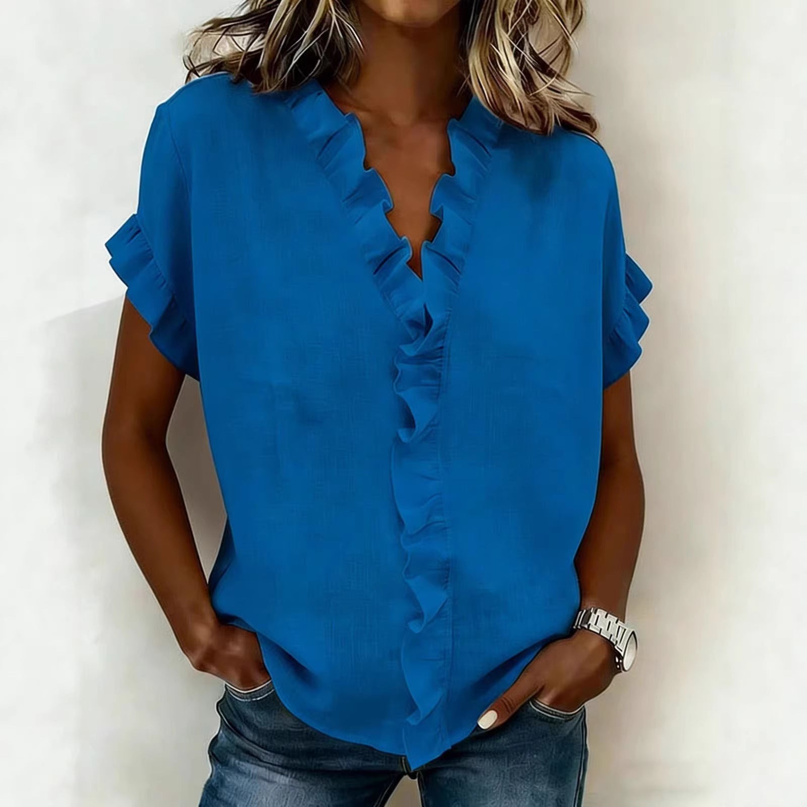 Women's V-neck Ruffled-edge Fashionable Solid-color Short-sleeve