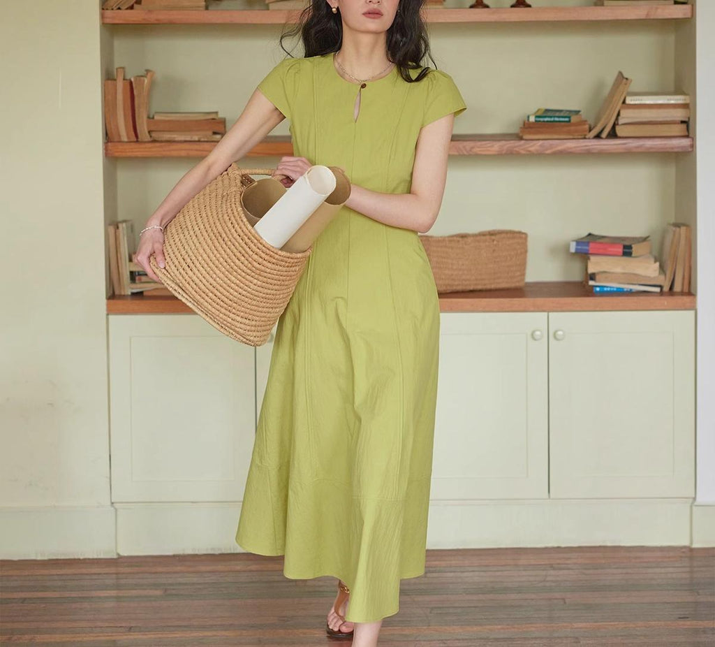 French-style One-button Round-neck Waist-cinched Dress