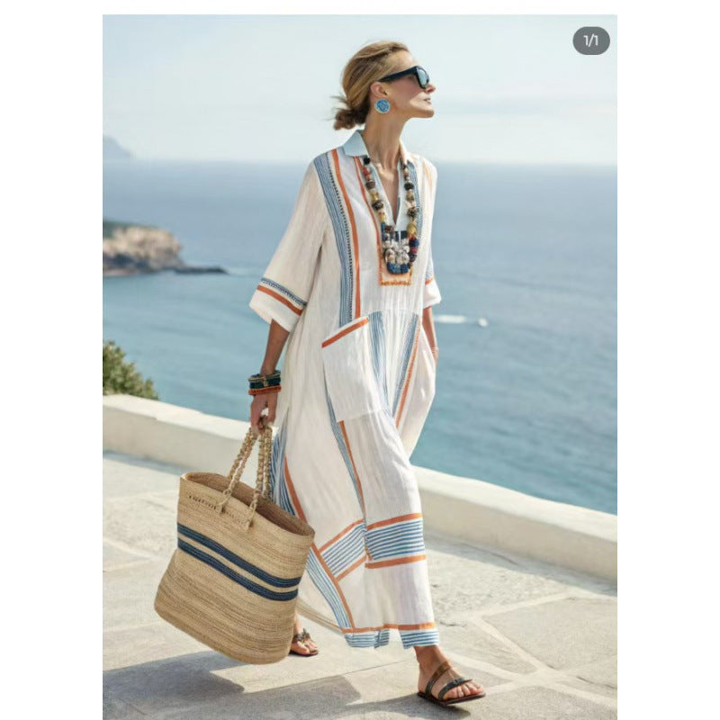 Beach Vacation Long Striped Embroidered Dress
