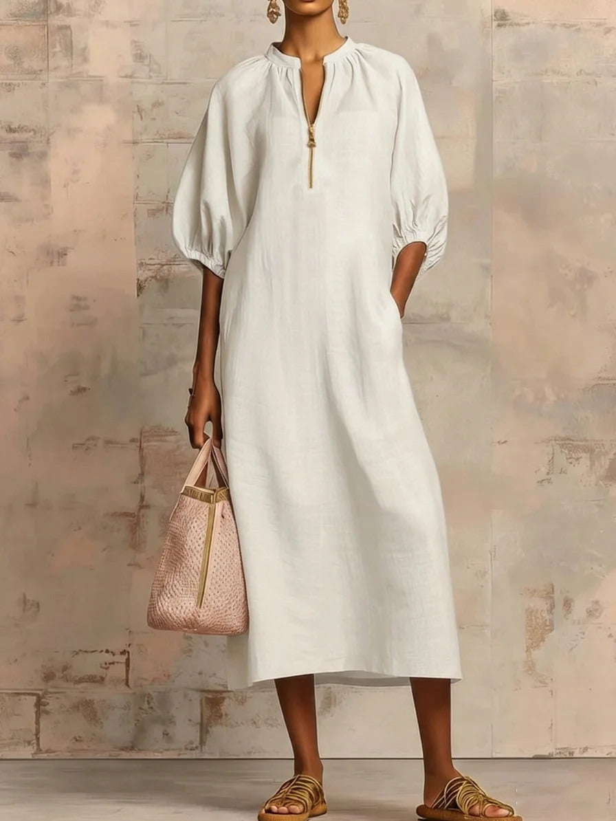 Womens Solid-Colored Cotton-Linen Loose-Fit Casual Puff-Sleeve Dress