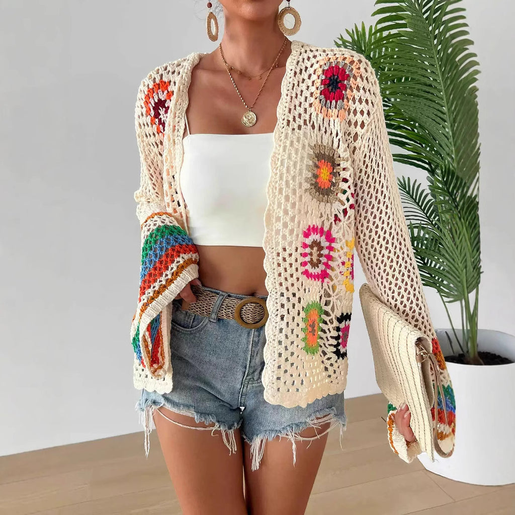 Hand-crocheted Floral Sweater With Random Color Blocks