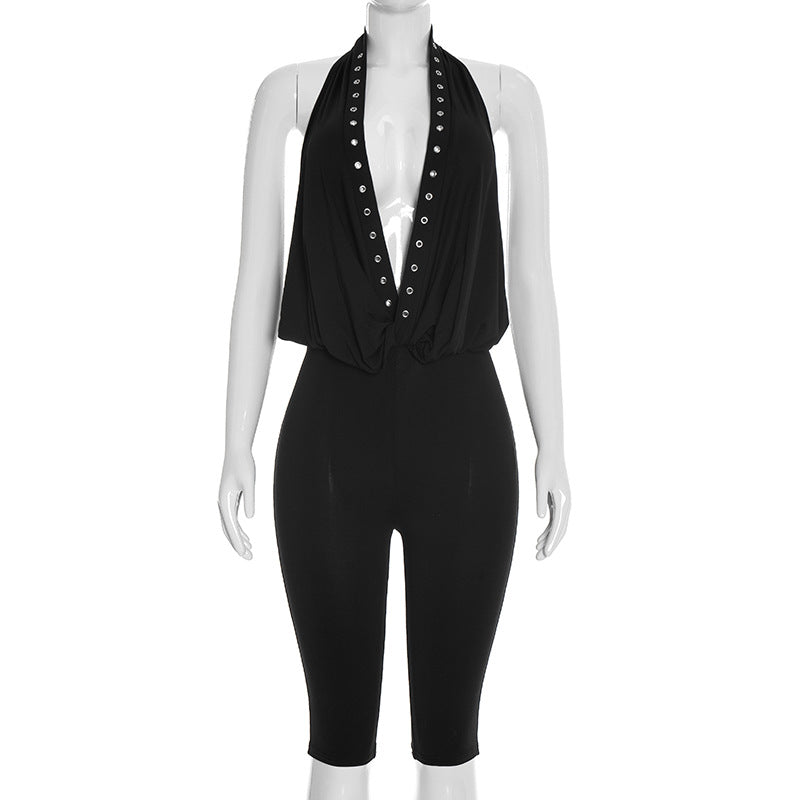 Womens Halter Deep V-Neck Rivet Eyelet Backless Cropped Jumpsuit