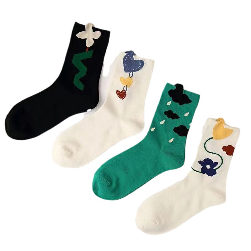 Whimsical Cartoon Print Crew Socks, Colorful Floral & Heart Pattern Knit Socks, Women's Fun Casual Socks For Everyday & Preppy Outfits