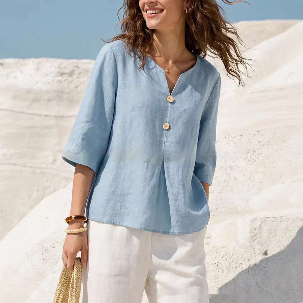 New Solid-Colored Casual Cotton-Linen Womens V-Neck Button-Up Shirt