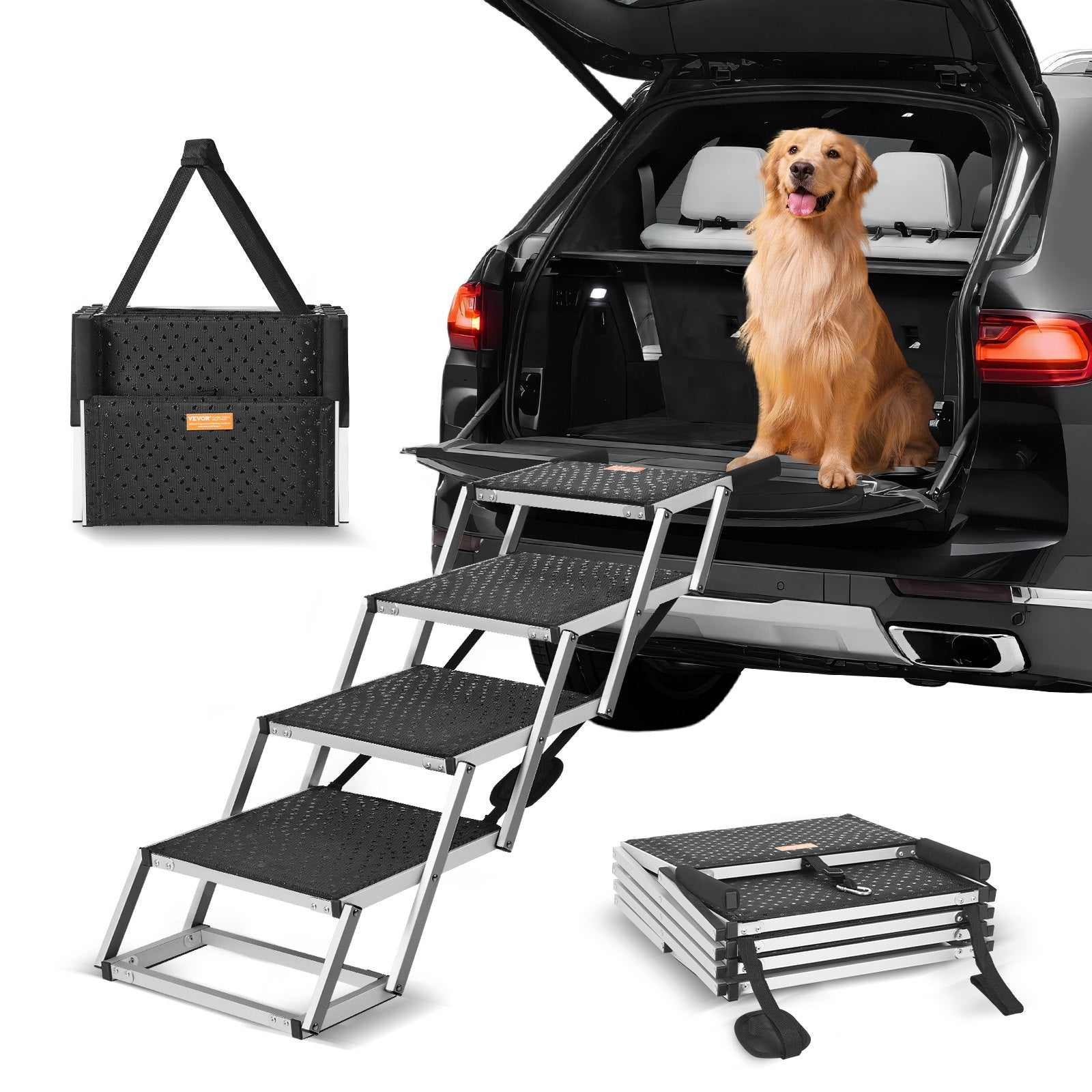 Dog Stairs for Cars, Wide 4-Step Foldable Dog Car Stairs with Non-Slip Surface, Portable Lightweight Aluminum Pet Stairs for Car