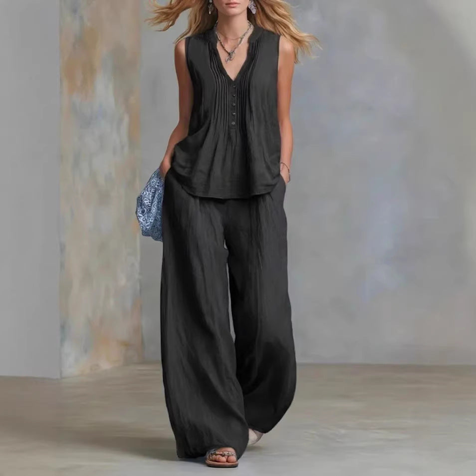 Fashionable Casual Solid-color V-neck Pleated Loose-fit Sleeveless Two-piece Set With Long Pants