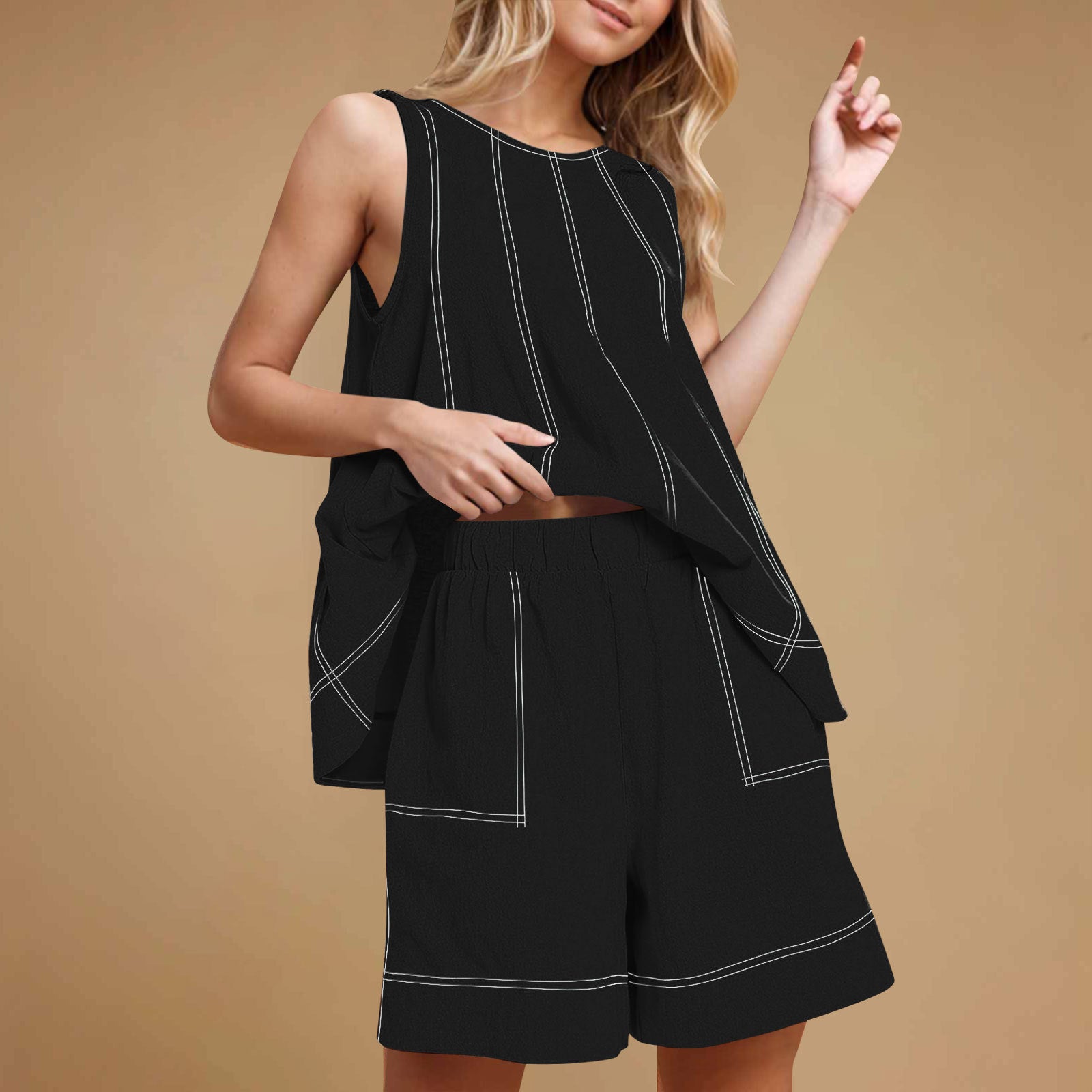 Casual Loose Pocketed Sleeveless Tank Top And Shorts Cotton-Linen Two-Piece Set